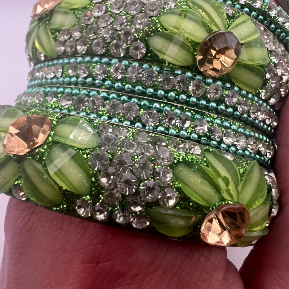 Green Crystal Bangle Set Stackable Gemstone Beade… - image 3